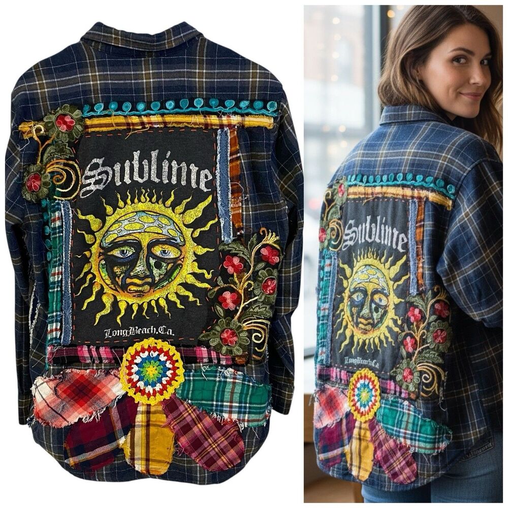 Upcycled Flannel Shirt Womens Large Sublime Shacket Grunge Floral Festival Art